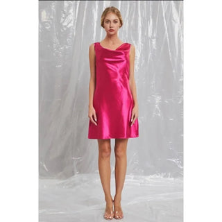 satin cowl neck mini dress with droop back and sleeveless