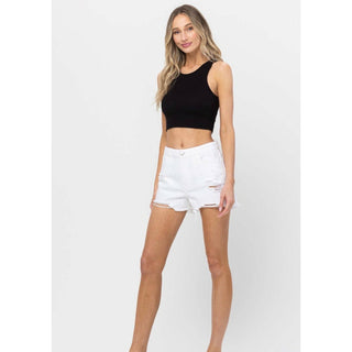 high rise distressed mom shorts in white