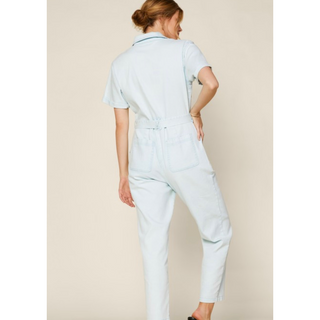washed denim utility jumpsuit with tie wast 