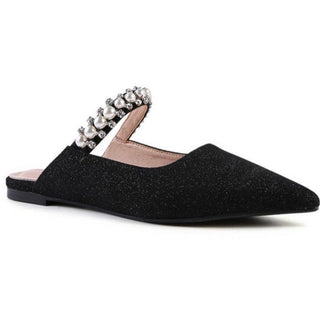 strappy pearl hand embellished sparkly glittery pointed toe mule flat women's shoe