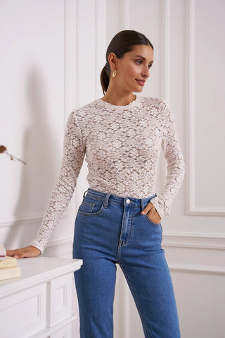 lace sheer long sleeve top in white