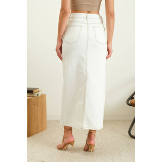 Back Slit White Denim Midi Skirt