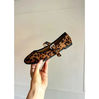 leopard faux suede buckle strap ballet flats 