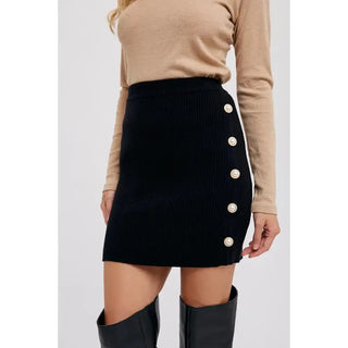 ribbed knit mini skirt with pearl buttons 