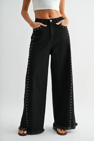 High-Waisted Black Wide-Leg Denim Stud Pants
