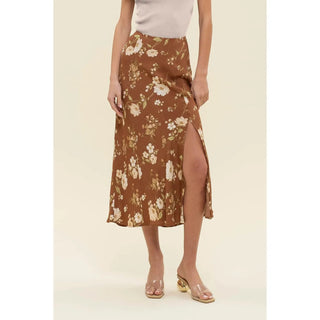 floral side slit high waist midi skirt