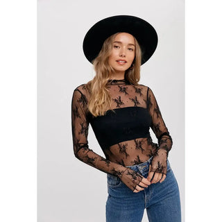 lace mesh sheer top with Long sleeves 