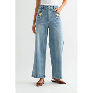 High Waist Wide Leg Horse Embroidered Jean