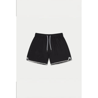 black and white stitch swim shorts