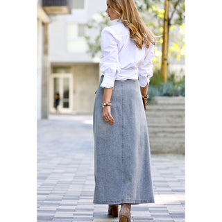 Front button down double pocket washed out denim maxi skirt