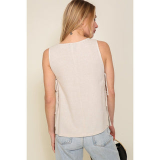 linen blend sleeveless tank with open tie sides natural color