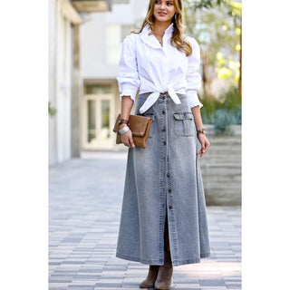 Front button down double pocket washed out denim maxi skirt