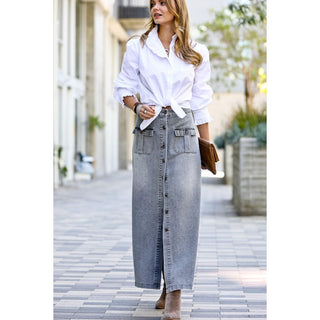 Front button down double pocket washed out denim maxi skirt