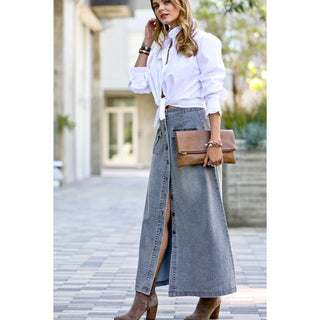 Front button down double pocket washed out denim maxi skirt  