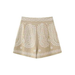 embroidered paisley linen feel shorts, high waist, zip up waistband 