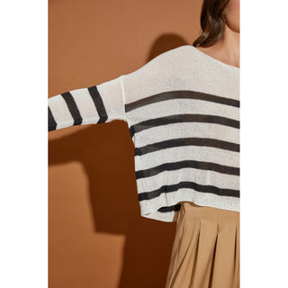 soft lightweight pullover sweater with loose knit and black and white stripe design