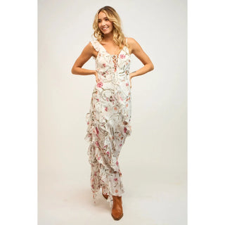 strappy v neck open back floral ruffle maxi dress
