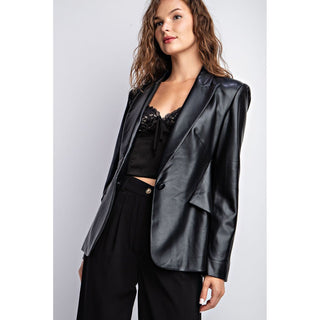 slim fit faux leather blazer with waist defining sides and slits for comfort 