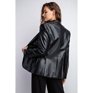 slim fit faux leather blazer with waist defining sides and slits for comfort 