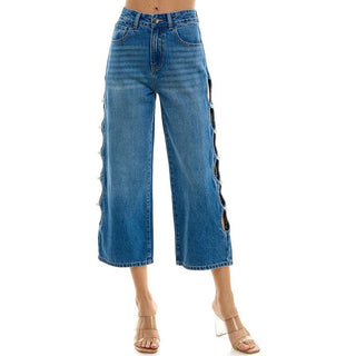 cut out side wide leg crop dark denim with pearl trim