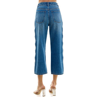 cut out side wide leg crop dark denim with pearl trim