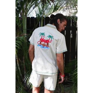 mens linen button up shirt with flamingo embroidery
