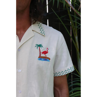 mens linen button up shirt with flamingo embroidery
