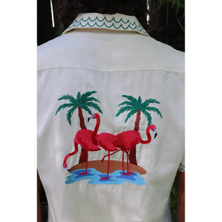 mens linen button up shirt with flamingo embroidery
