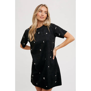 Rhinestone Faux Suede Shift Dress