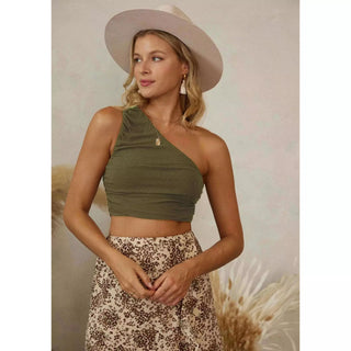 Ruching one shoulder crop top double layer