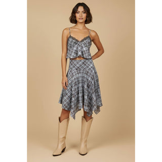 Plaid Lace Trim Top and Midi Skirt Set