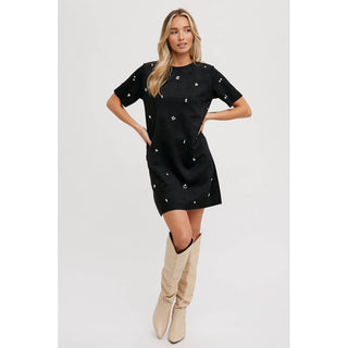 Rhinestone Faux Suede Shift Dress