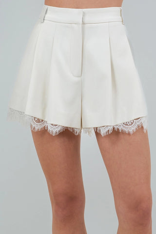 lace trim tailored look pleated shorts with lace on bottom