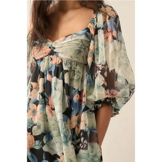 Floral Mesh Sweetheart Neck Chiffon Babydoll Dress