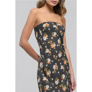 Floral Strapless Satin Midi Dress