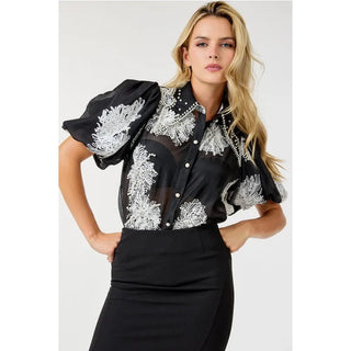 fancy embroidered pearl blouse with trendy collar