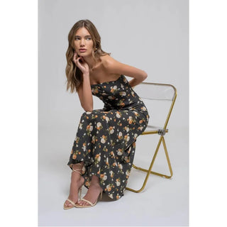  Floral Strapless Satin Midi Dress