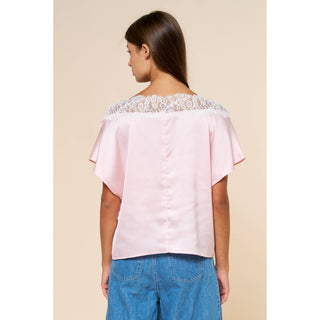 Satin Boxy Blouse With Lace Boat Neckline