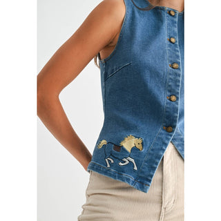 Horse Embroidered Denim Vest