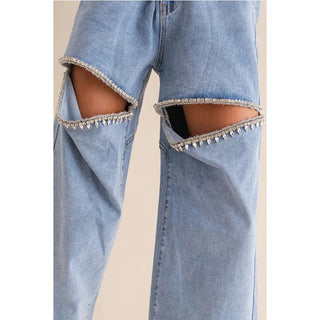 rhinestone cut out front denim jeans