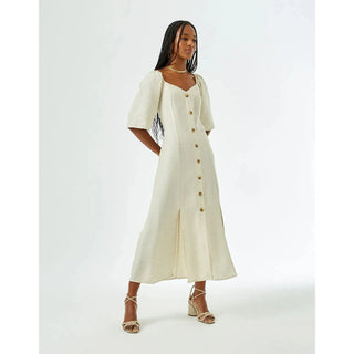 viscose and linen natural dress with side slits and elastic  