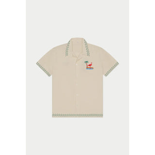 mens linen button up shirt with flamingo embroidery
