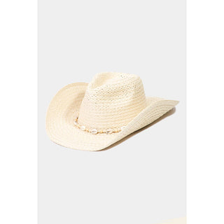straw braided cowrie shell detail cowboy hat 