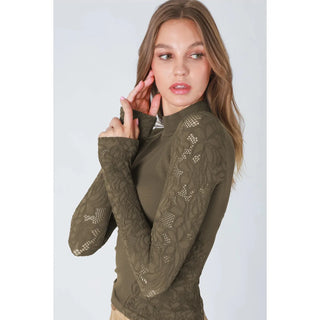 mock neck sheer long sleeve lace trim stretch top