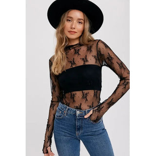 lace mesh sheer top with Long sleeves 