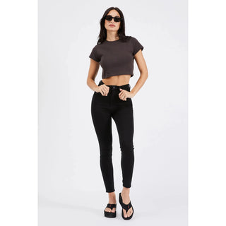 high rise skinny leg ankle length stretchy black denim 