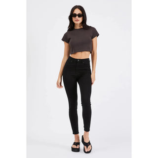 high rise skinny leg ankle length stretchy black denim 