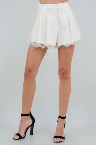 lace trim tailored look pleated shorts with lace on bottom