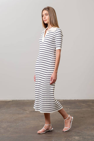 Collared Striped Knit Midi Dress