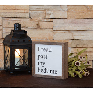 Decorative sign with 'I read past my bedtime.' text next to a lantern and flowers against a stone wall.